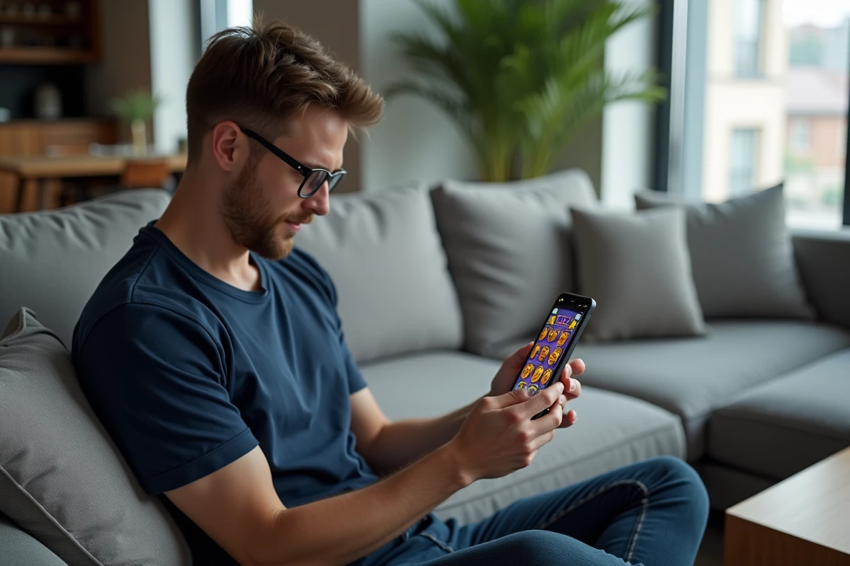 Homme débutant explorant un jeu de slot en ligne sur smartphone dans un salon contemporain