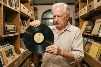 Un homme âgé examine un 78 tours vinyle ancien dans une boutique d'antiquités remplie de disques vintage