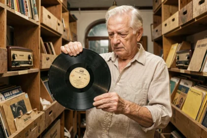 Un homme âgé examine un 78 tours vinyle ancien dans une boutique d'antiquités remplie de disques vintage