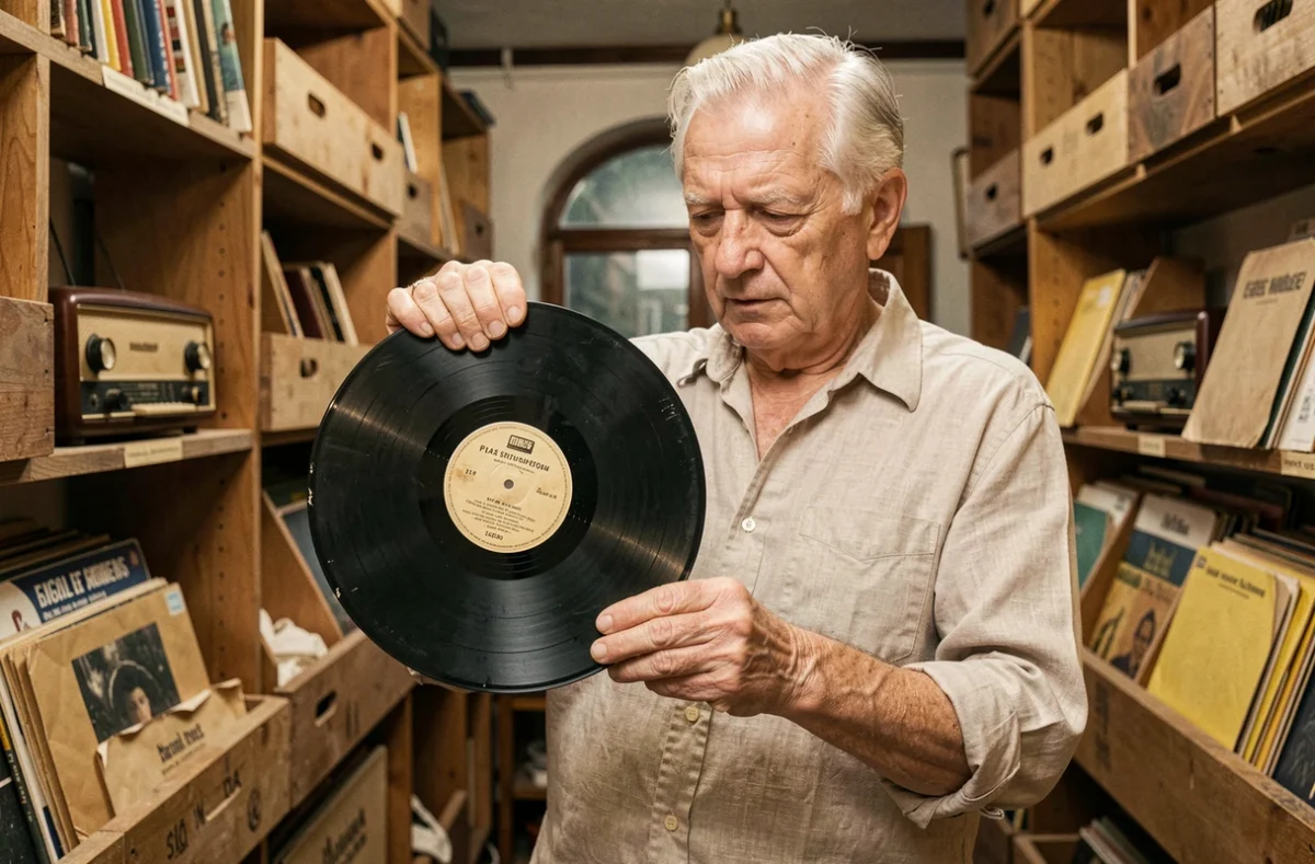 Un homme âgé examine un 78 tours vinyle ancien dans une boutique d'antiquités remplie de disques vintage
