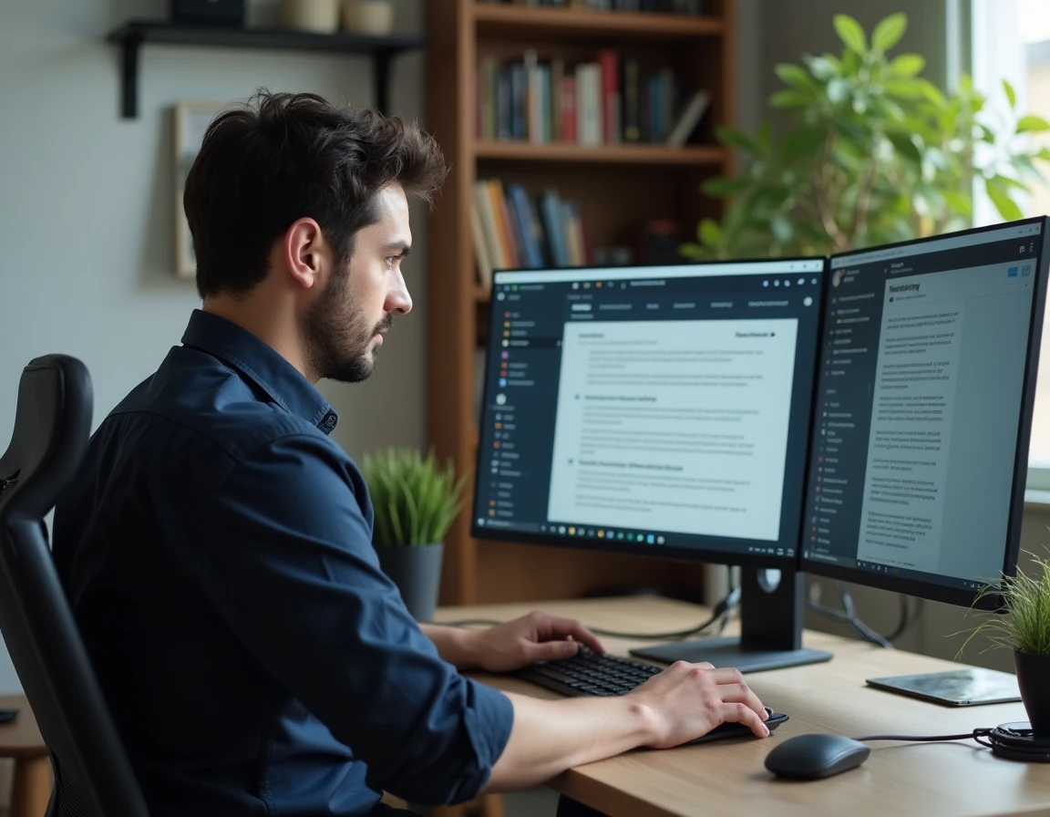 Homme consultant l'historique de lecture de ses mangas sur un écran d'ordinateur dans un bureau organisé