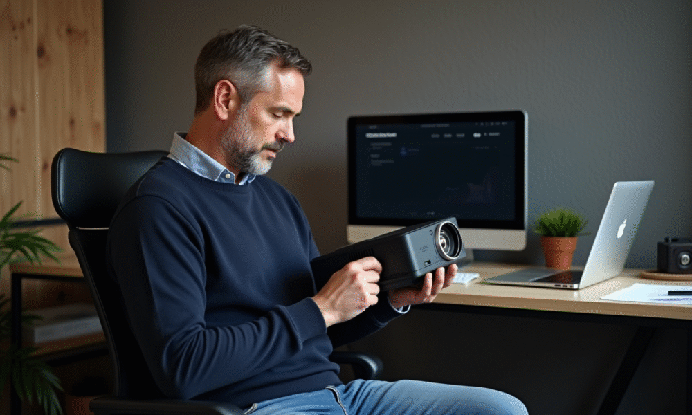 Homme inspectant une lampe de projecteur dans un bureau