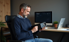 Homme inspectant une lampe de projecteur dans un bureau
