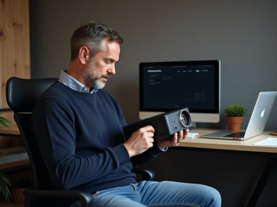 Homme inspectant une lampe de projecteur dans un bureau