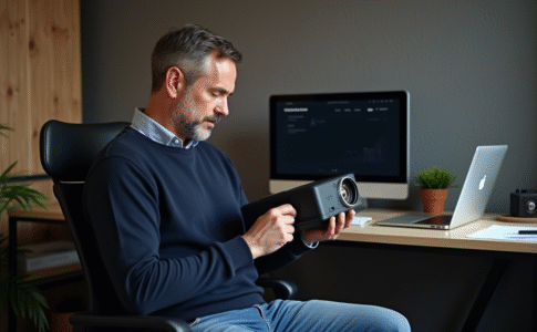 Homme inspectant une lampe de projecteur dans un bureau