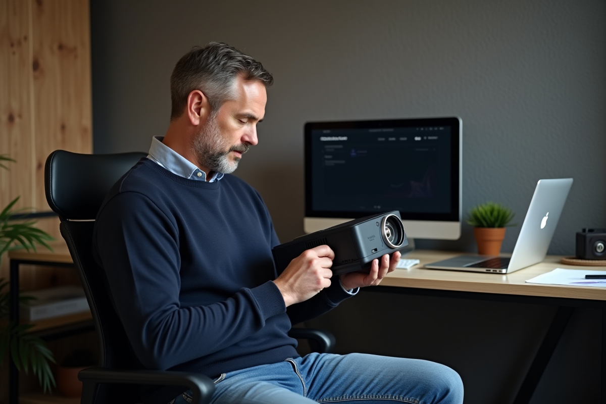 Homme inspectant une lampe de projecteur dans un bureau
