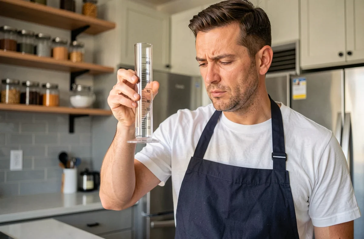 Homme en tablier lisant les graduations en centilitres sur un verre doseur dans une cuisine moderne, illustrant la précision des mesures culinaires