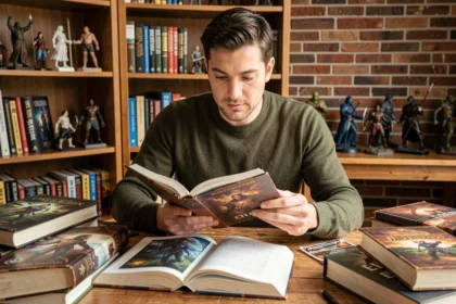 Homme lisant un livre Warhammer à son bureau entouré de figurines et de manuels de jeu de rôle fantastique