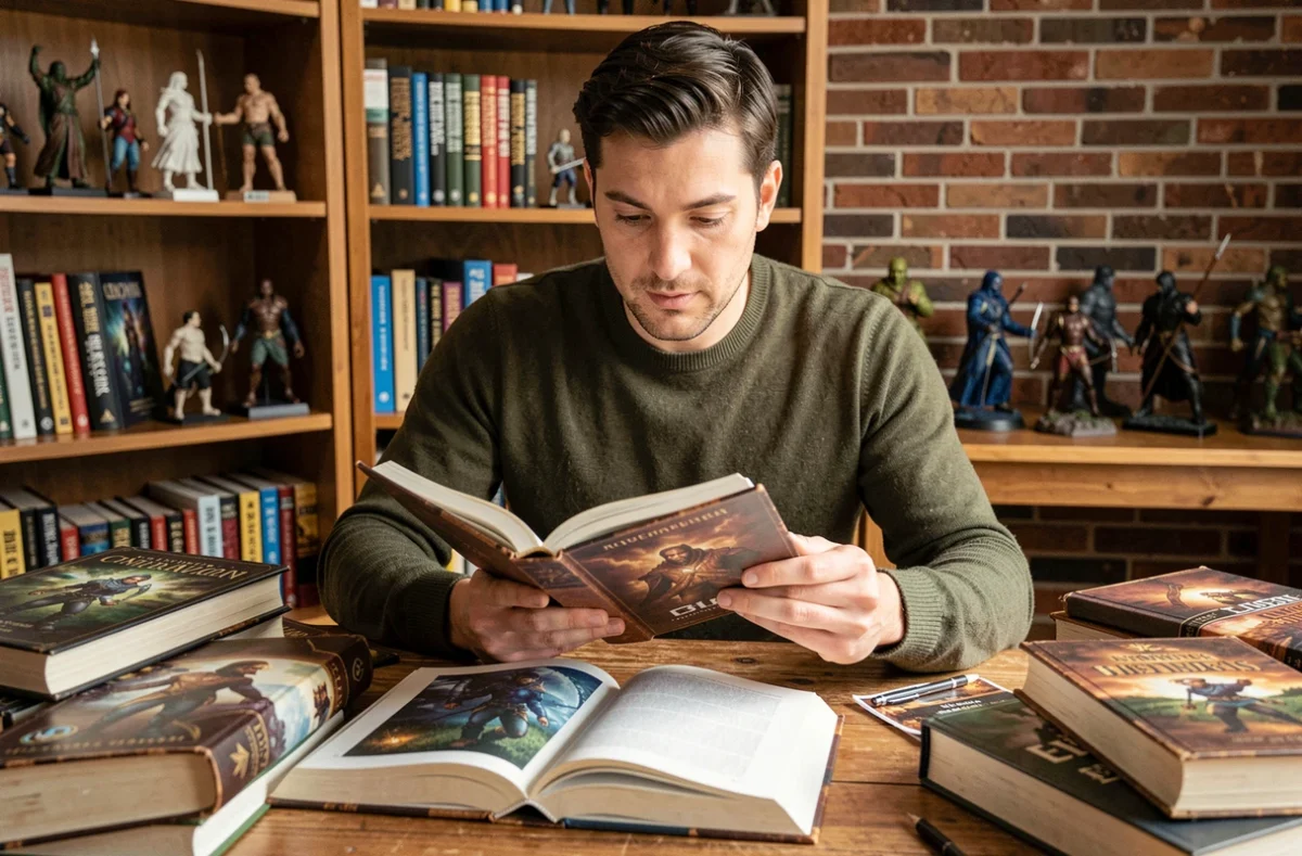 Homme lisant un livre Warhammer à son bureau entouré de figurines et de manuels de jeu de rôle fantastique