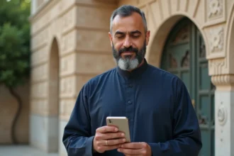 Homme avec thobe utilisant l'application Mawaqit devant une mosquee
