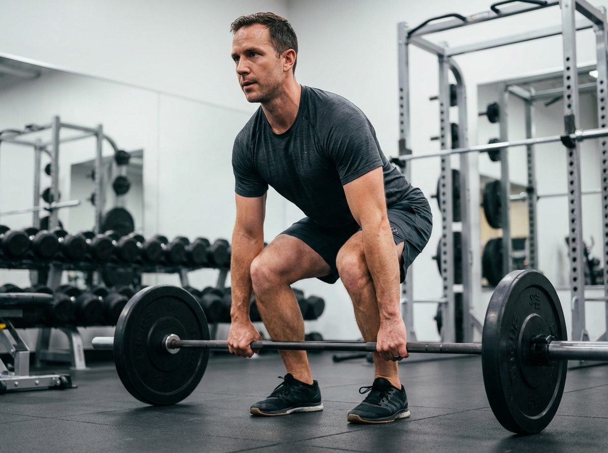 Homme musclé en salle de sport soulevant une barre