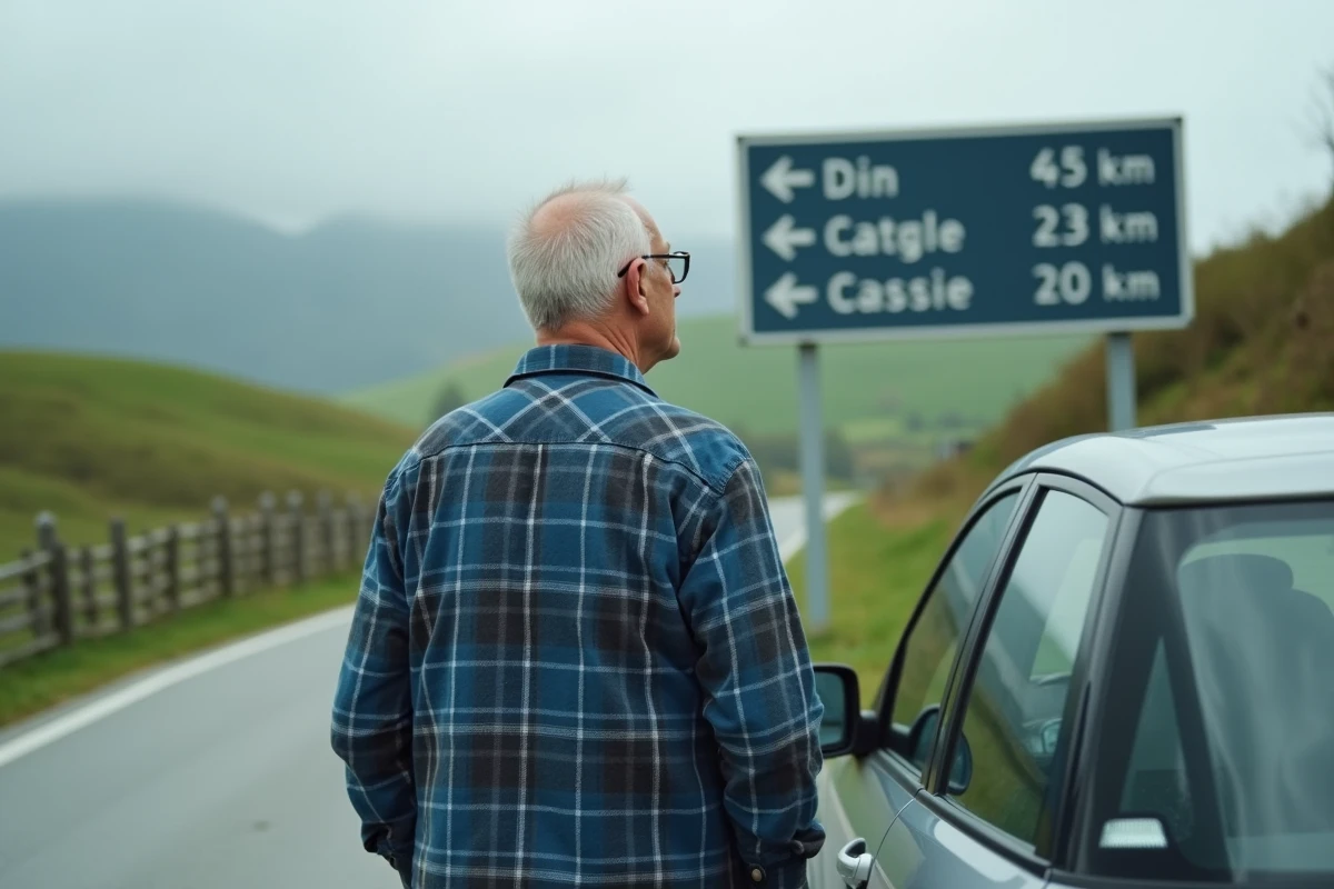 Homme devant un panneau kilométrique européen essayant de convertir les distances en miles