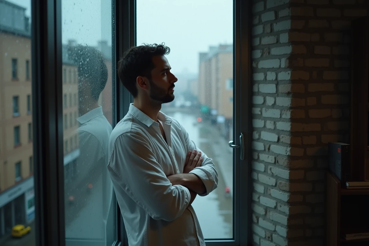 Homme pensif regardant par une fenêtre mouillée de pluie dans un appartement, symbolisant la douleur d'une trahison sentimentale