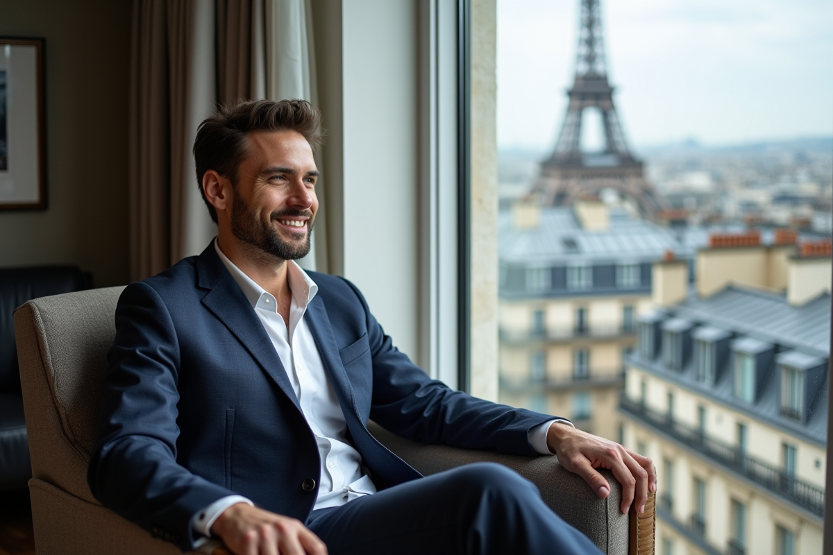Homme en costume dans un penthouse parisien avec vue sur la ville