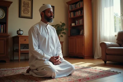 Homme en prière sur un tapis de prière dans un salon à Grenoble, horloge visible au mur