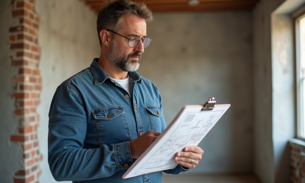 Homme d'âge moyen examinant des plans de rénovation dans un appartement
