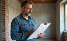 Homme d'âge moyen examinant des plans de rénovation dans un appartement