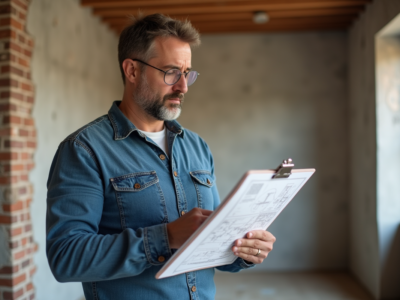 Homme d'âge moyen examinant des plans de rénovation dans un appartement