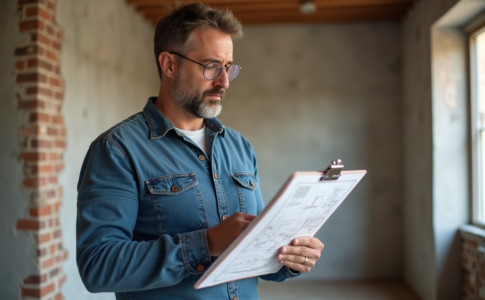 Homme d'âge moyen examinant des plans de rénovation dans un appartement
