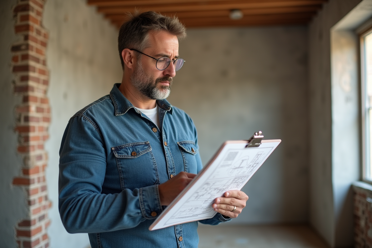 Homme d'âge moyen examinant des plans de rénovation dans un appartement