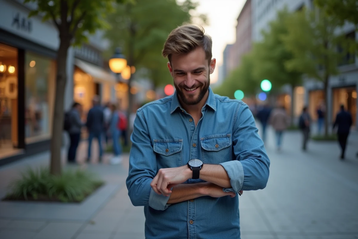 Jeune homme regardant sa montre dans la rue en soirée