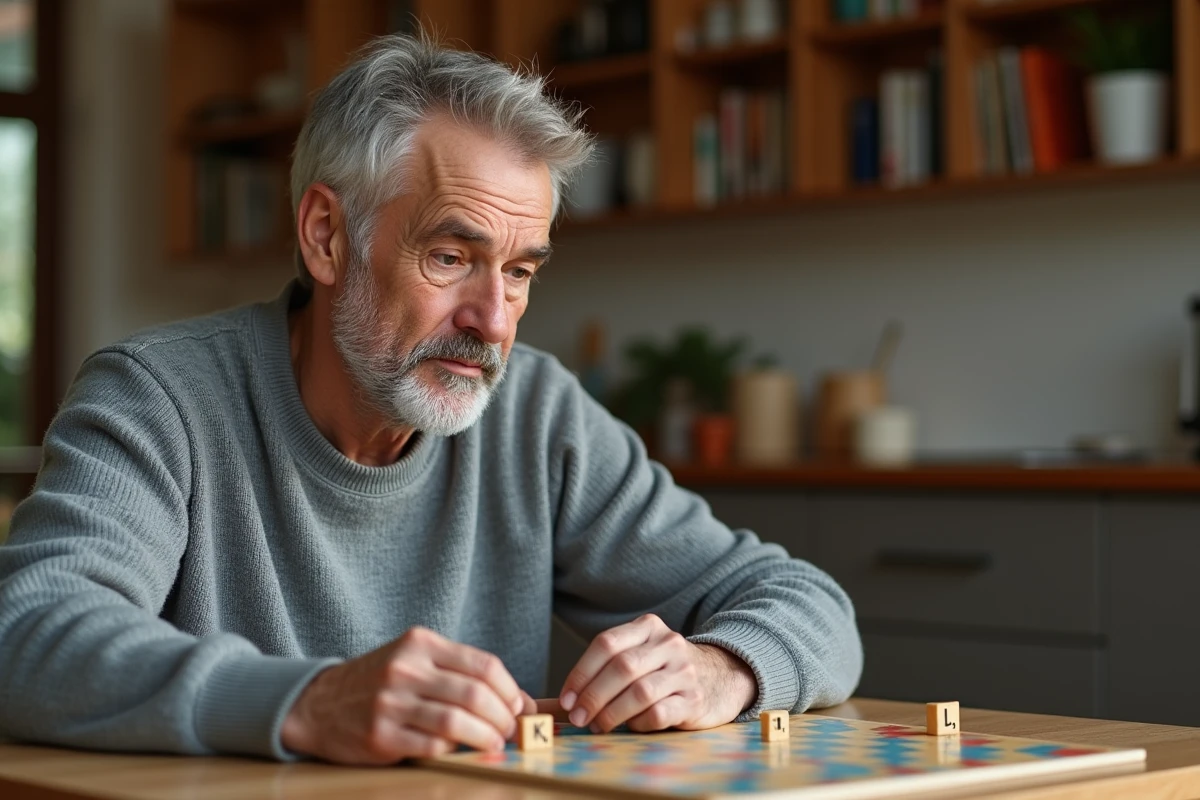 Homme d'âge moyen jouant au Scrabble dans un intérieur chaleureux