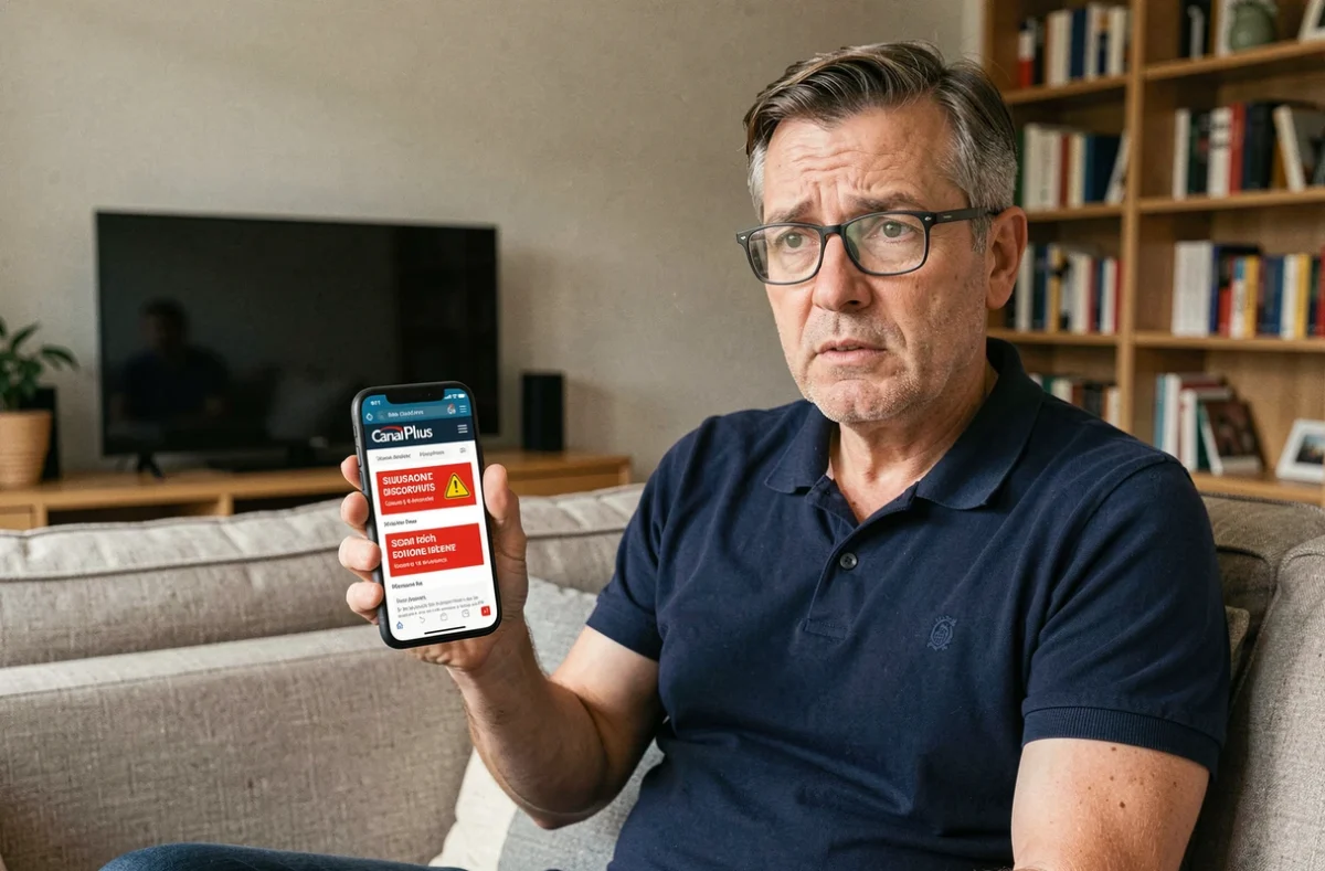 Homme inquiet examinant un site web frauduleux proposant des codes Canal Plus gratuits sur son smartphone