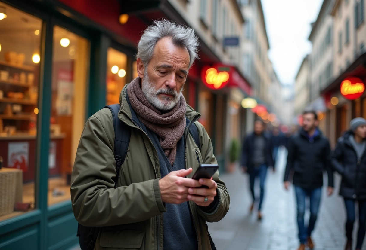 Homme dans la rue de Besançon vérifiant son smartphone