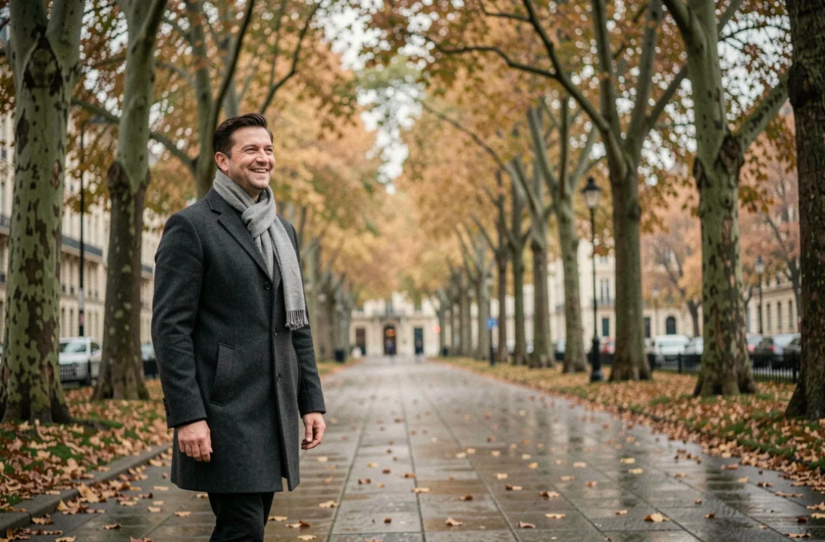 Homme souriant se promenant dans une allée d'arbres en automne, évoquant la sérénité et le bonheur intérieur inspiré par des citations positives