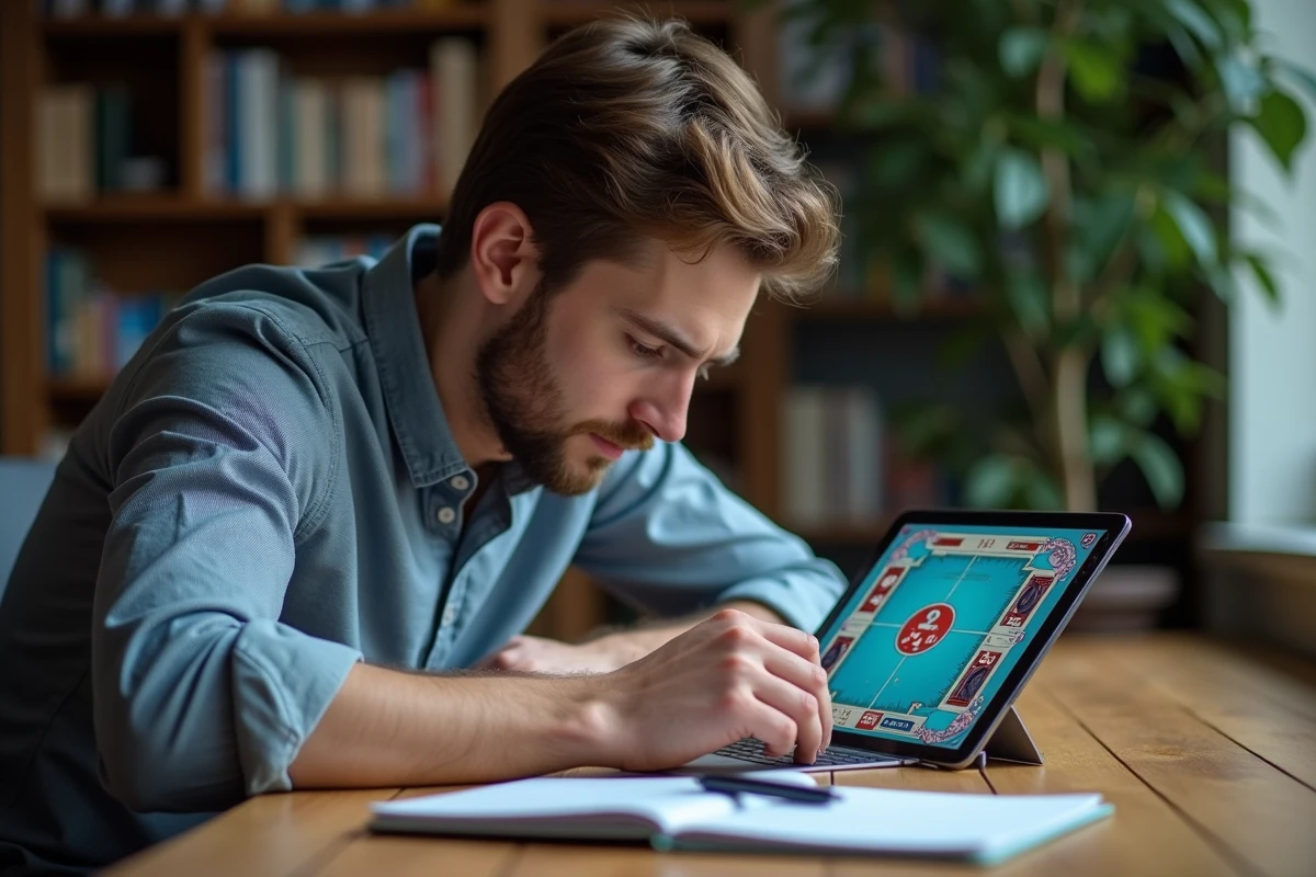 Homme concentré sur une tablette jouant à Monopoly GO avec des notes stratégiques pour obtenir des dés gratuits