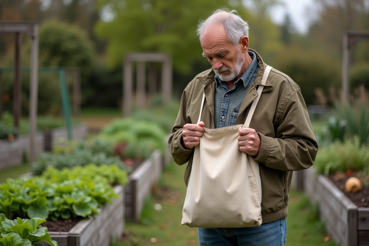 Homme inspectant un sac en toile dans un jardin