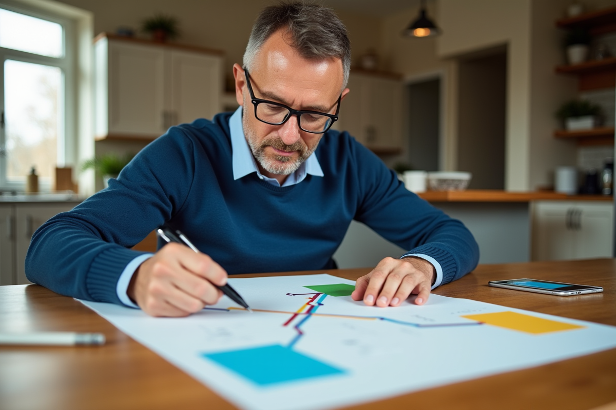 Homme arrangeant des cartes colorées sur la table