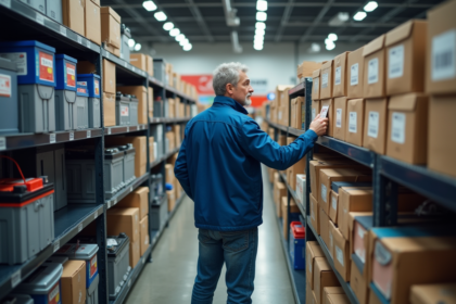 Homme d'âge moyen vérifiant batteries auto en magasin