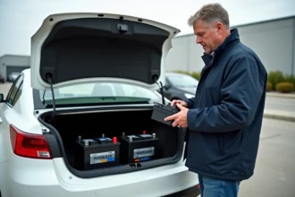 Homme comparant deux batteries de voiture dans un parking