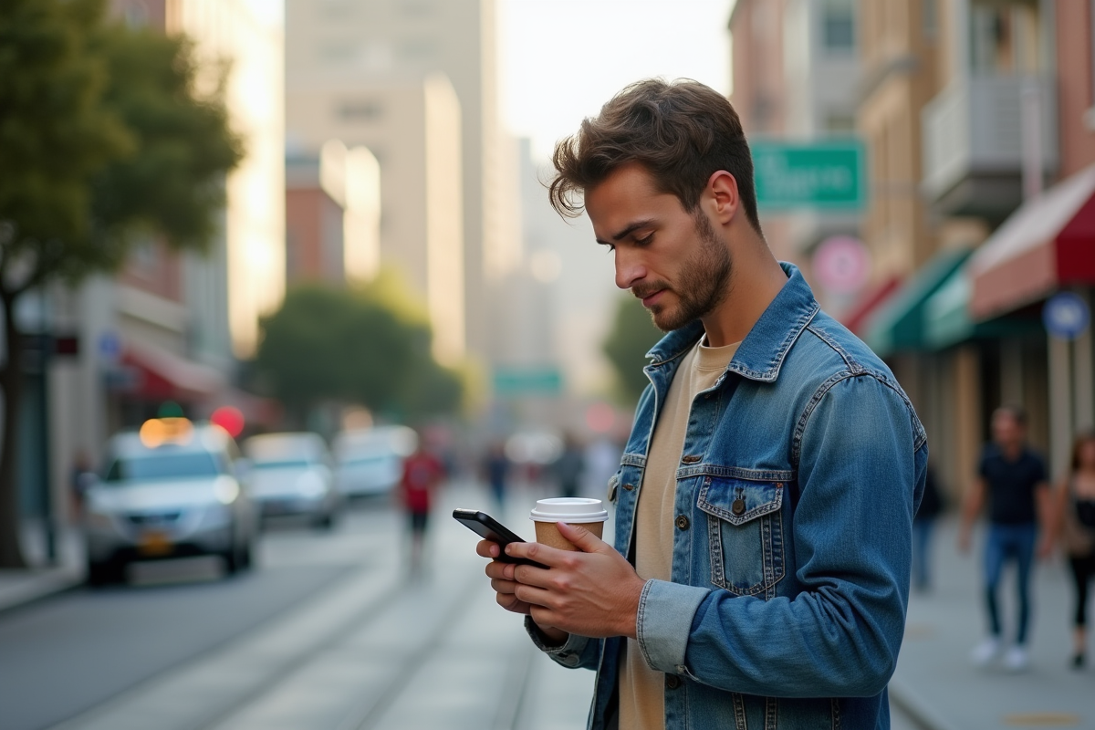 Jeune homme dans la rue de Californie vérifiant son smartphone