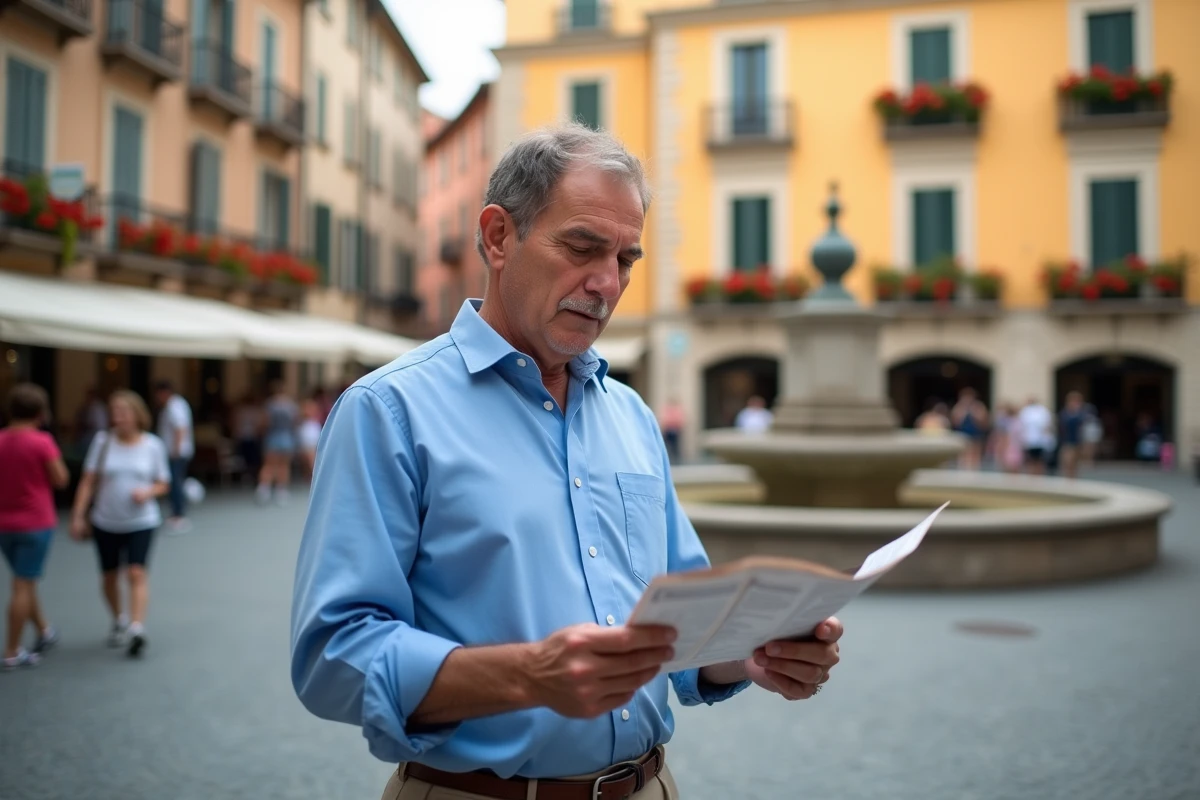 Homme d'âge moyen regardant une carte dans une piazza italienne