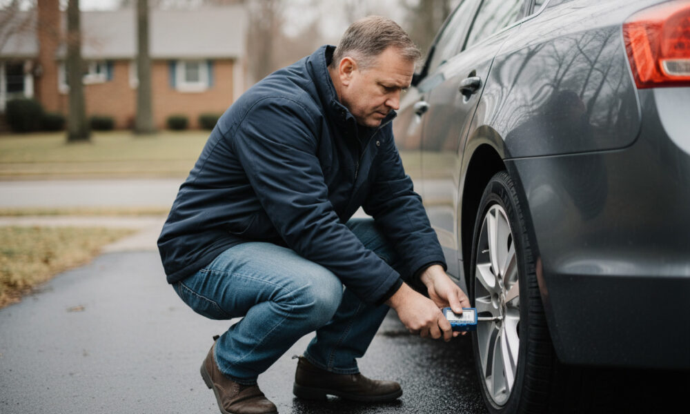 Homme vérifiant la pression d'un pneu hiver en extérieur