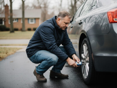 Homme vérifiant la pression d'un pneu hiver en extérieur