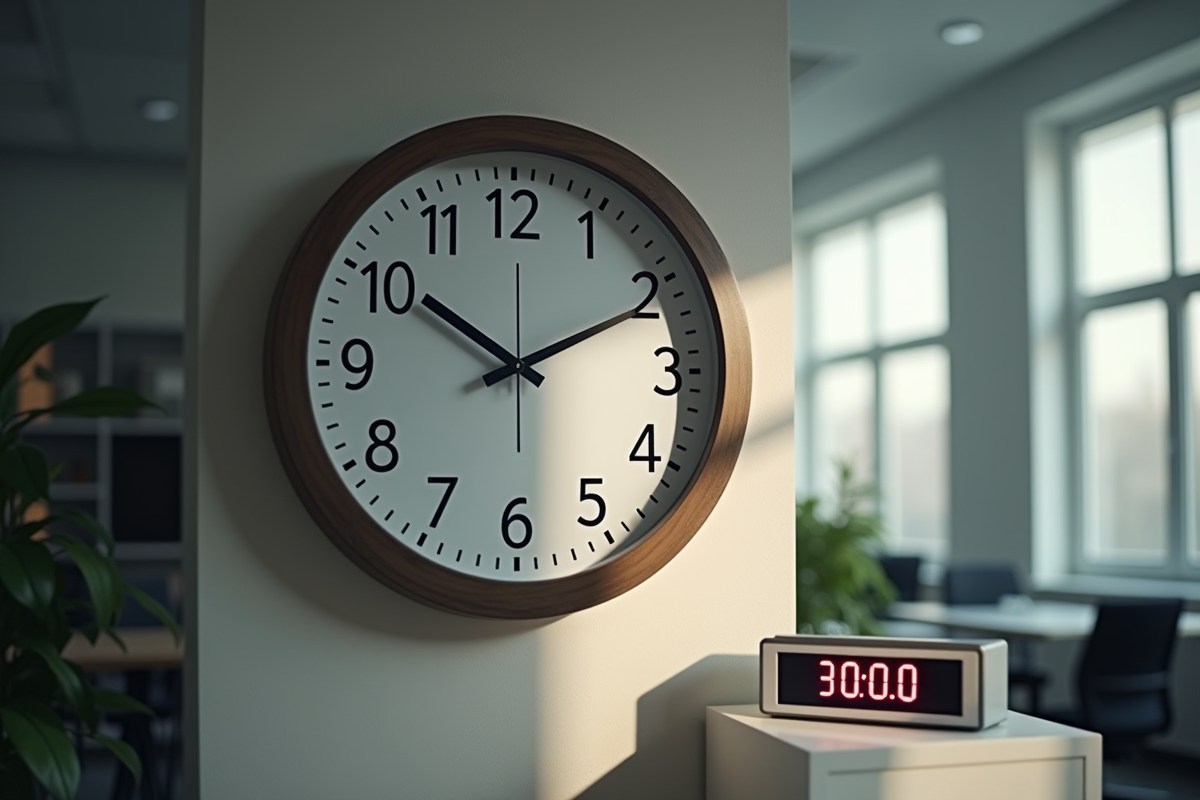Horloge murale et minuteur numérique dans un bureau ensoleille