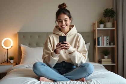 Jeune femme influenceuse filmant un contenu pour les réseaux sociaux dans un studio-chambre moderne et minimaliste