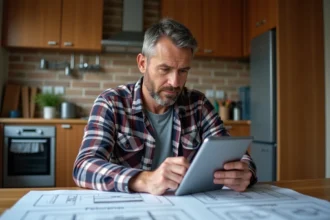 Ingénieur électrique homme en plaid examine plans de renovation