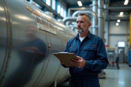 Ingénieur industriel homme en overalls examine un réservoir métallique