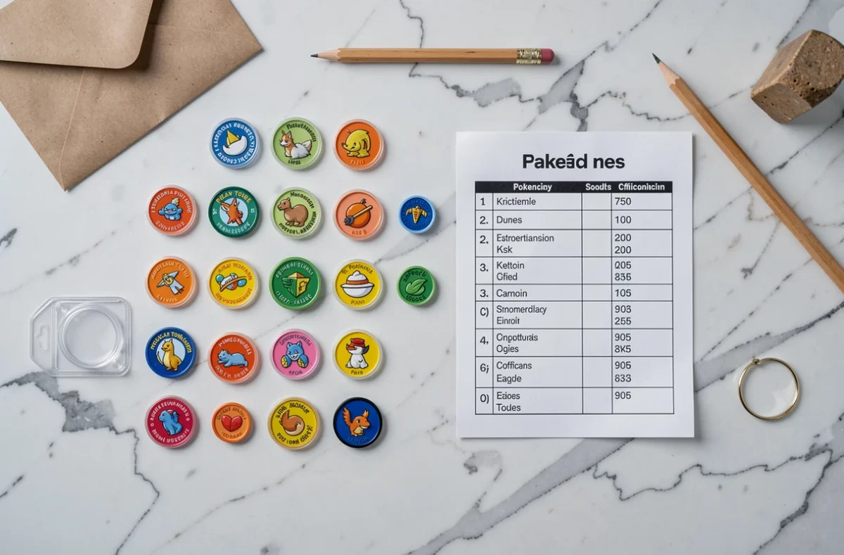 Flat lay de jetons Pokémon Ripraz officiels et accessoires de collection sur fond marbre blanc