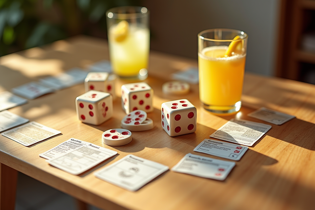 Zoom sur un jeu de Yahtzee avec dés originaux et règle alternative