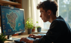 Jeune adulte jouant à un jeu de stratégie sur PC dans un bureau lumineux
