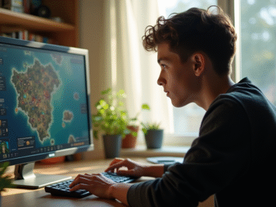 Jeune adulte jouant à un jeu de stratégie sur PC dans un bureau lumineux