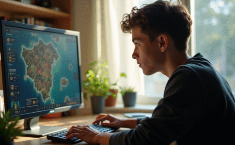 Jeune adulte jouant à un jeu de stratégie sur PC dans un bureau lumineux