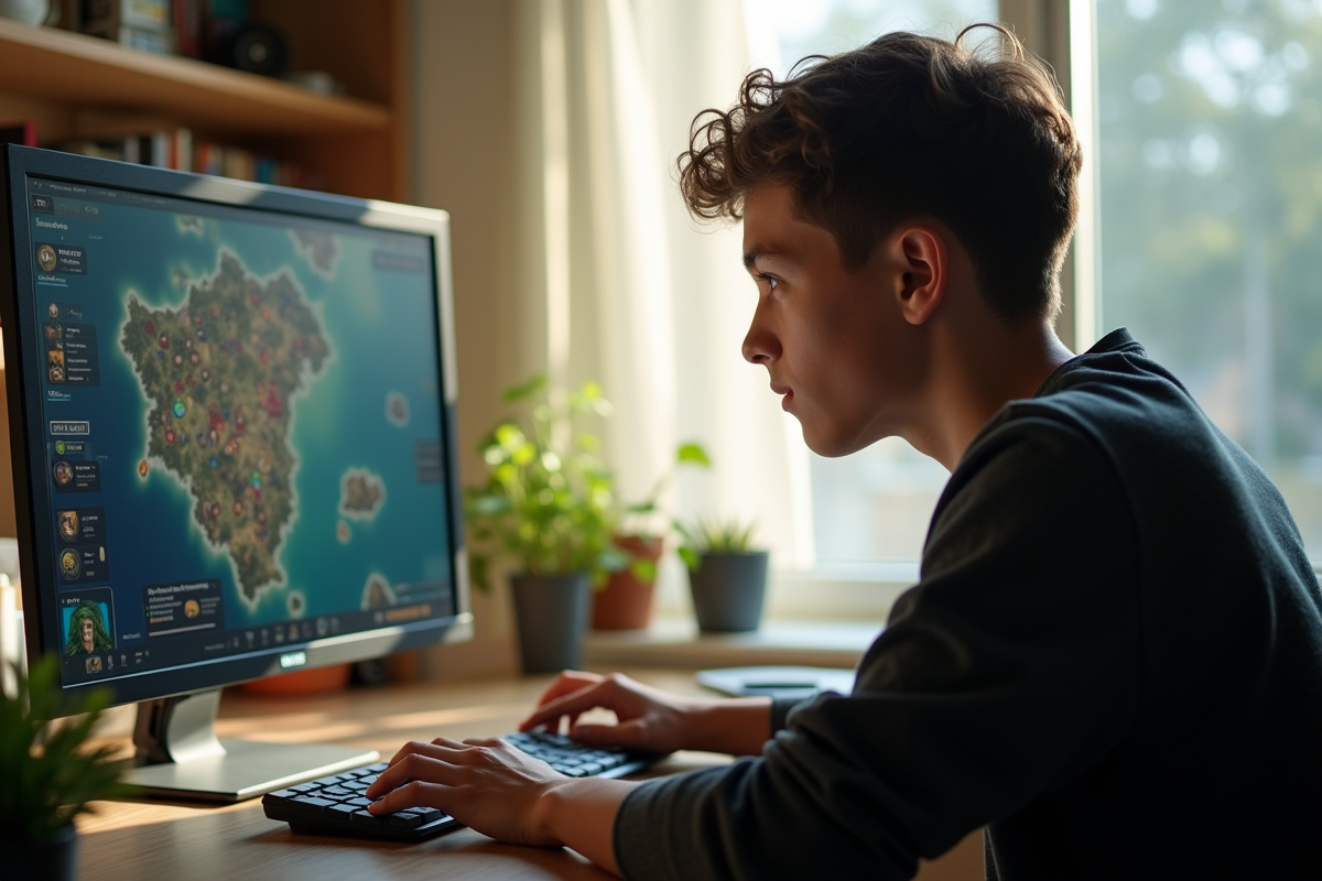Jeune adulte jouant à un jeu de stratégie sur PC dans un bureau lumineux