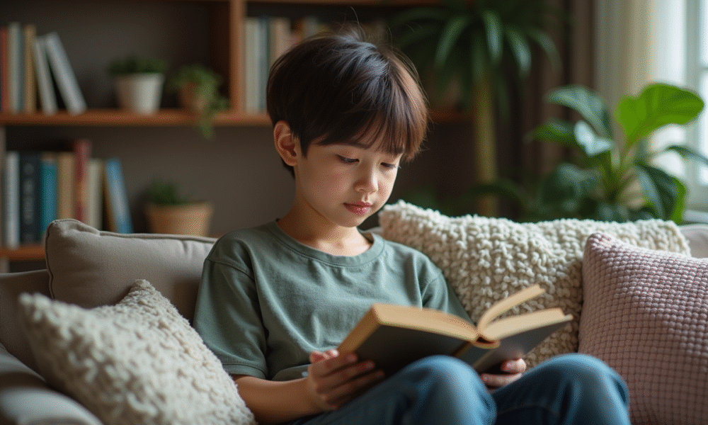 Jeune adulte assis lisant dans un salon cosy