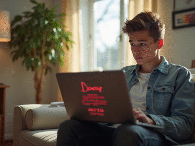 Jeune adulte frustré devant un ordinateur avec erreur Disney 83